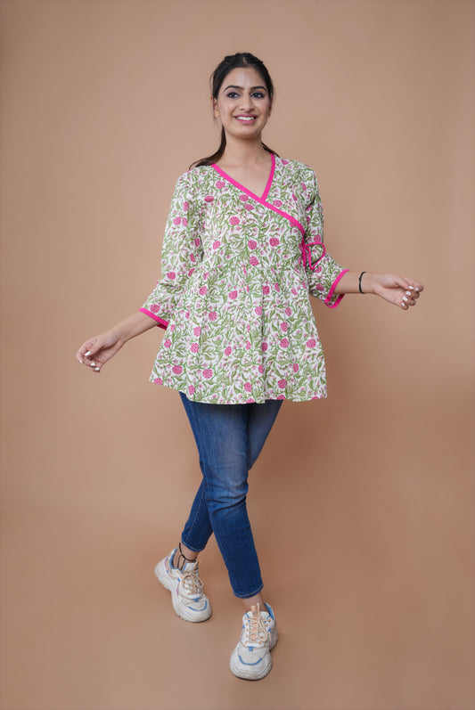 White Pink Flower Block Angrakha Top