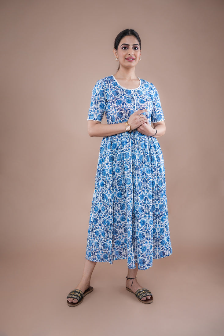 Ocean Blue Flared Cotton Kurti