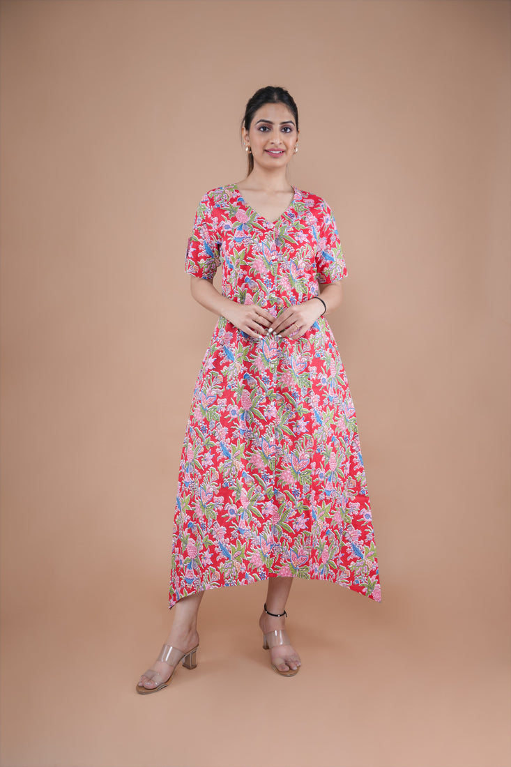 Red Floral A-Line Kurti