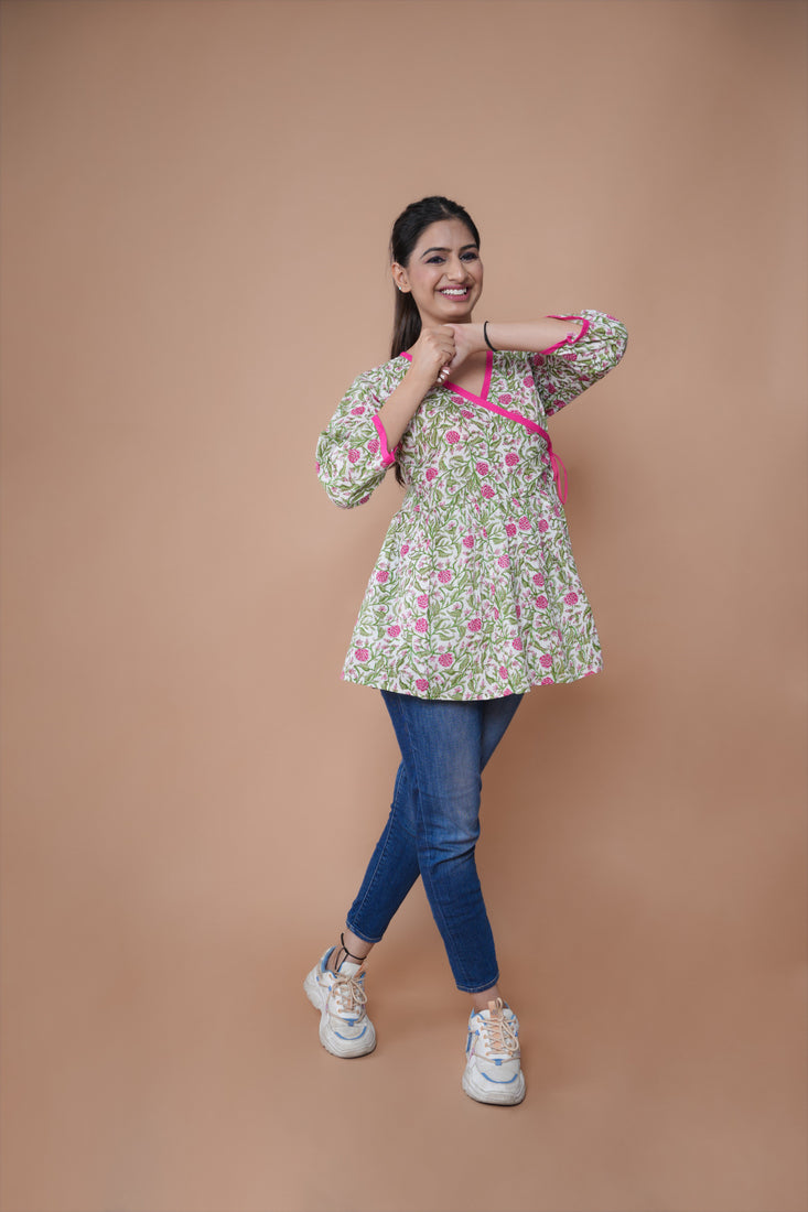 White Pink Flower Block Angrakha Top