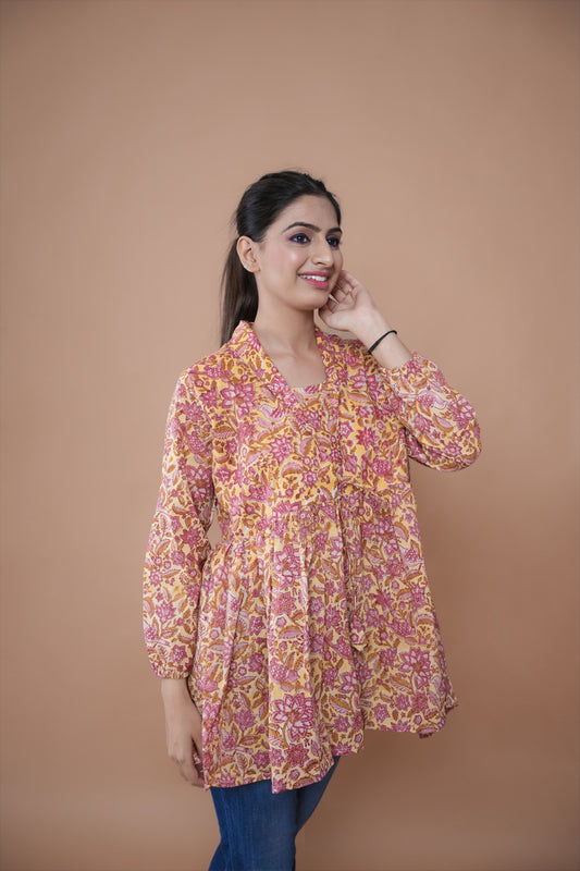 Yellow Pink Jhaal Pintex Shirt