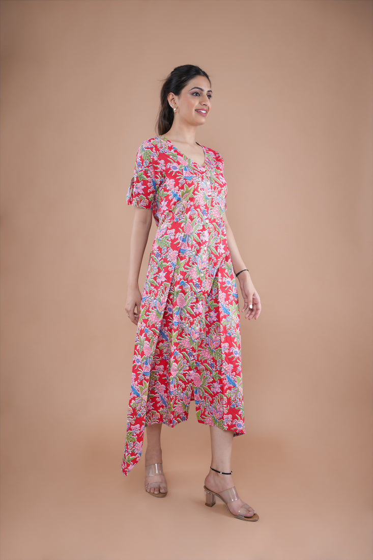 Red Floral A-Line Kurti