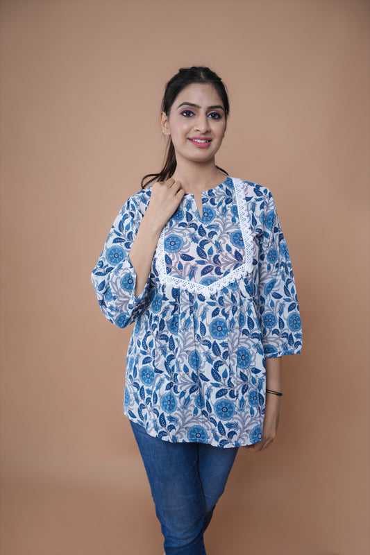 Blue Blockprint Claire Lace Short Kurti Style Top