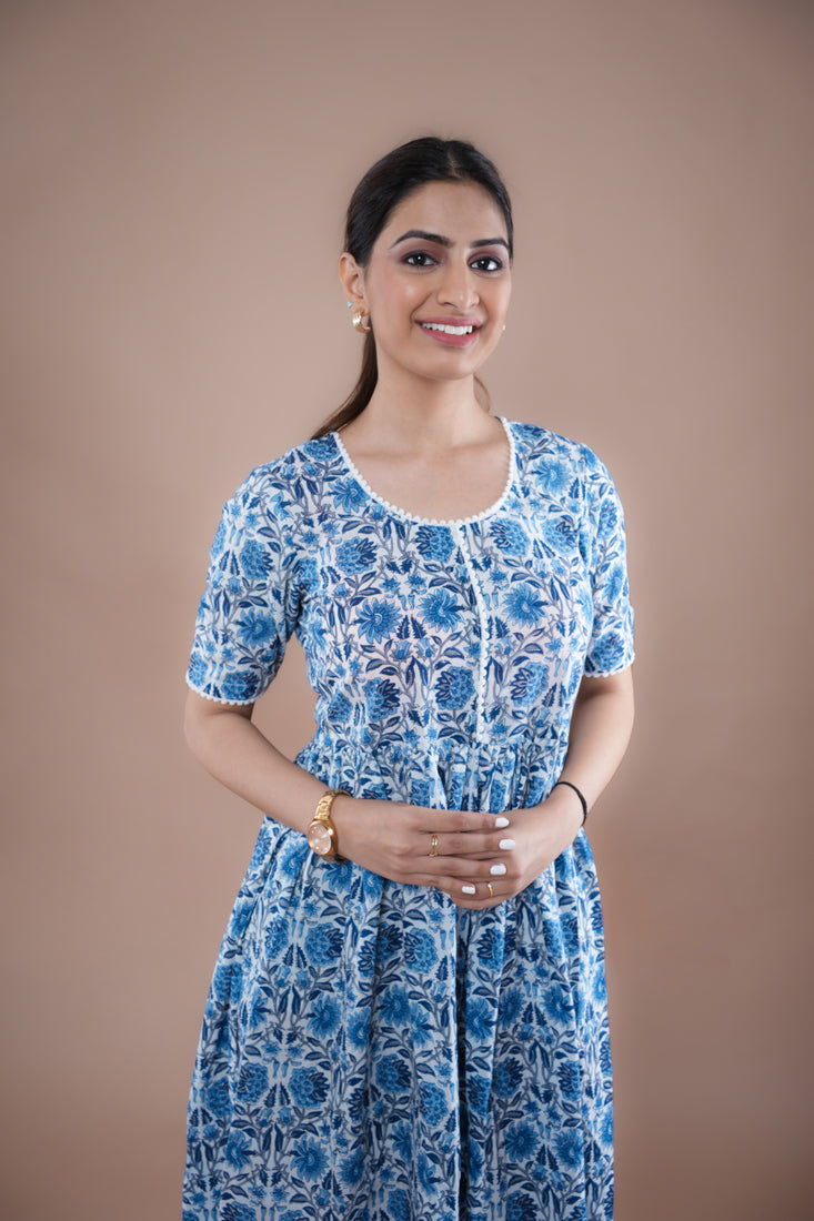 Ocean Blue Flared Cotton Kurti