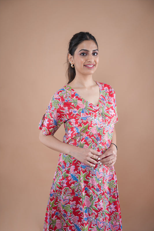 Red Floral A-Line Kurti