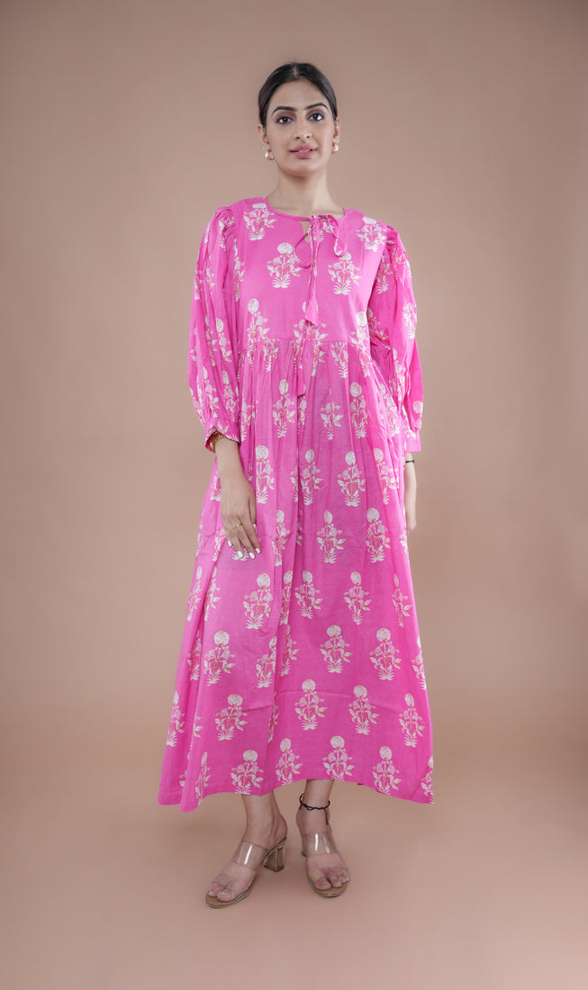 Pink Flower Ballon Sleeves Dress