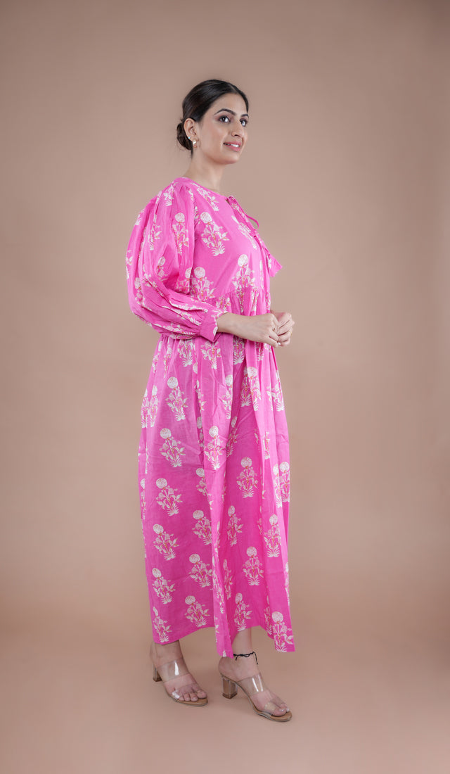 Pink Flower Ballon Sleeves Dress