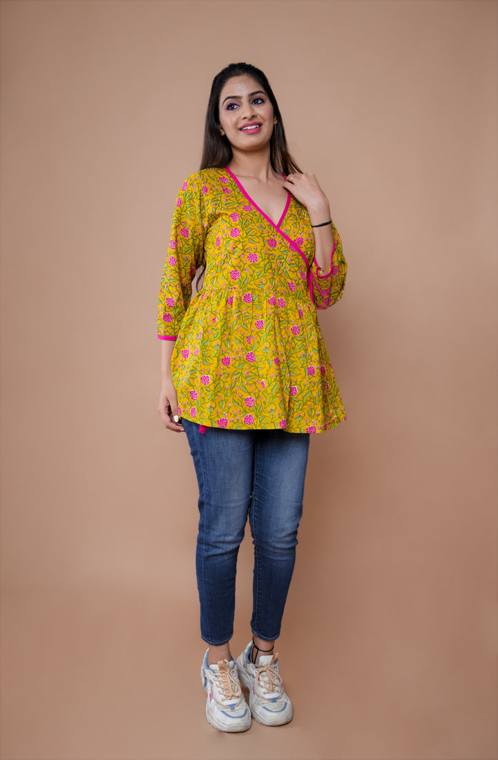 Yellow Pink Flower Block Angrakha Top