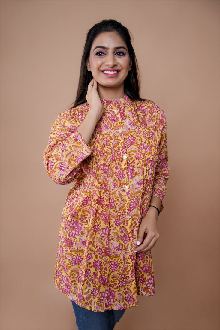 Yellow Pink Block Print Peplum Top