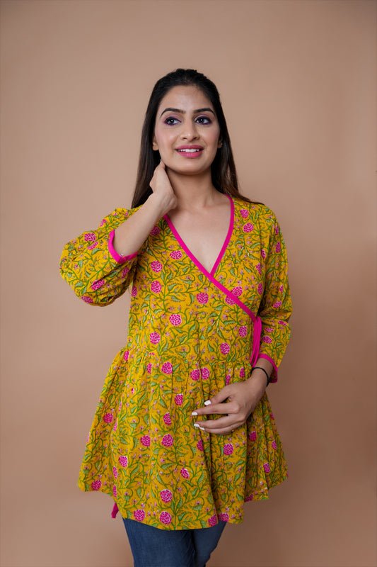 Yellow Pink Flower Block Angrakha Top