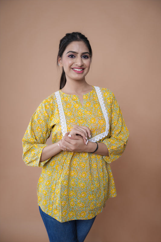 Yellow Blockprint Claire Lace Short Kurti Style Top