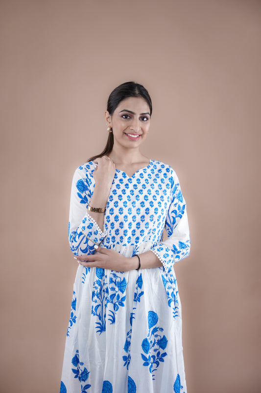 Long Flared Blue Block Print Cotton Kurta