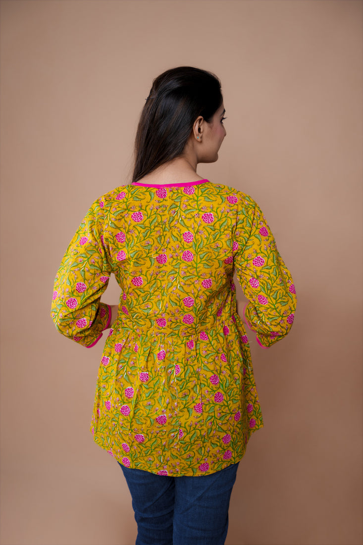 Yellow Pink Flower Block Angrakha Top