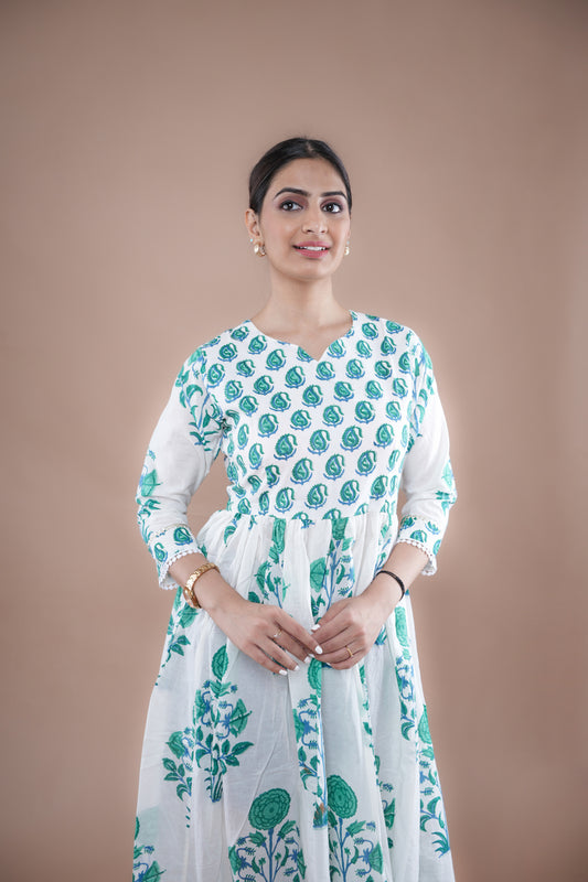 Long Flared Sea Green Block Print Cotton Kurta