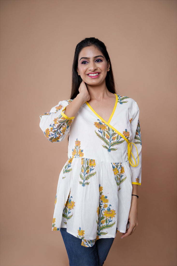 White Yellow Flower Block Angrakha top