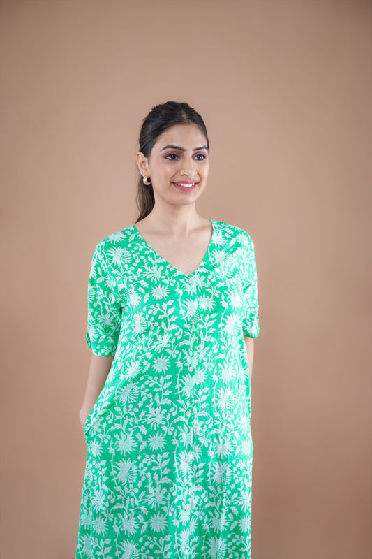 Green White Floral Print A-Line Kurti