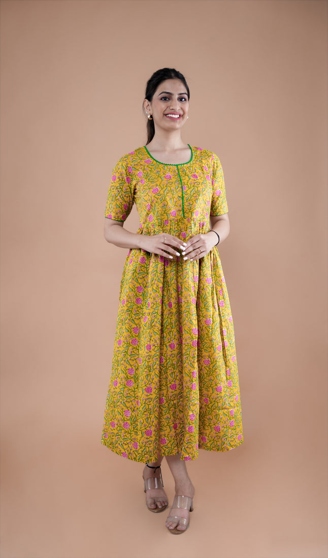 Yellow Poppy Flared Cotton Kurti