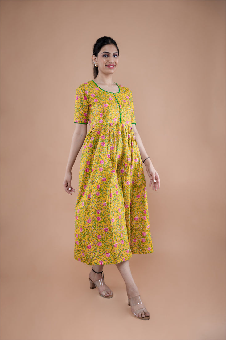 Yellow Poppy Flared Cotton Kurti