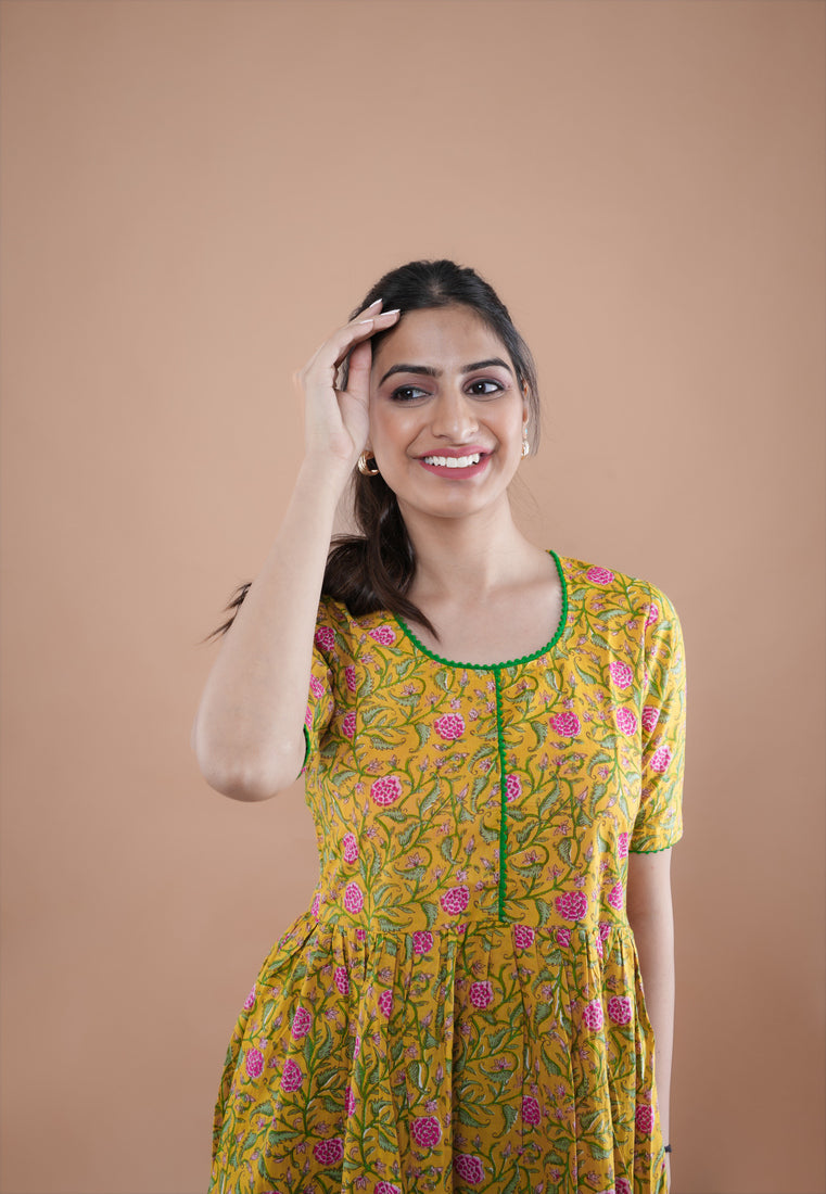 Yellow Poppy Flared Cotton Kurti