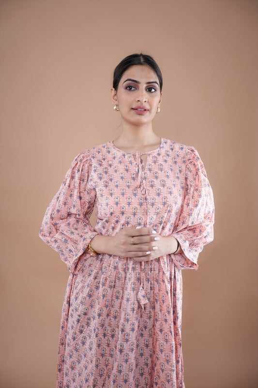 Peach Block Printed Ballon Sleeves Dress