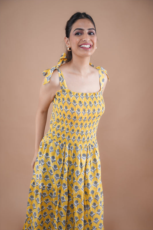 Yellow Floral Smoking Tie Dress